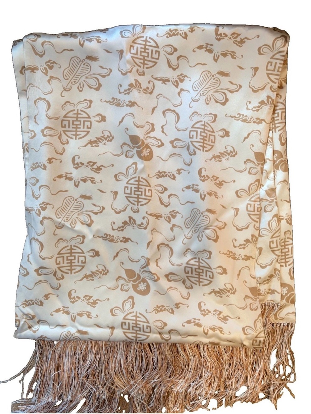 Shanghai Tang Cream and Brown Satin Fringe Scarf Wrap